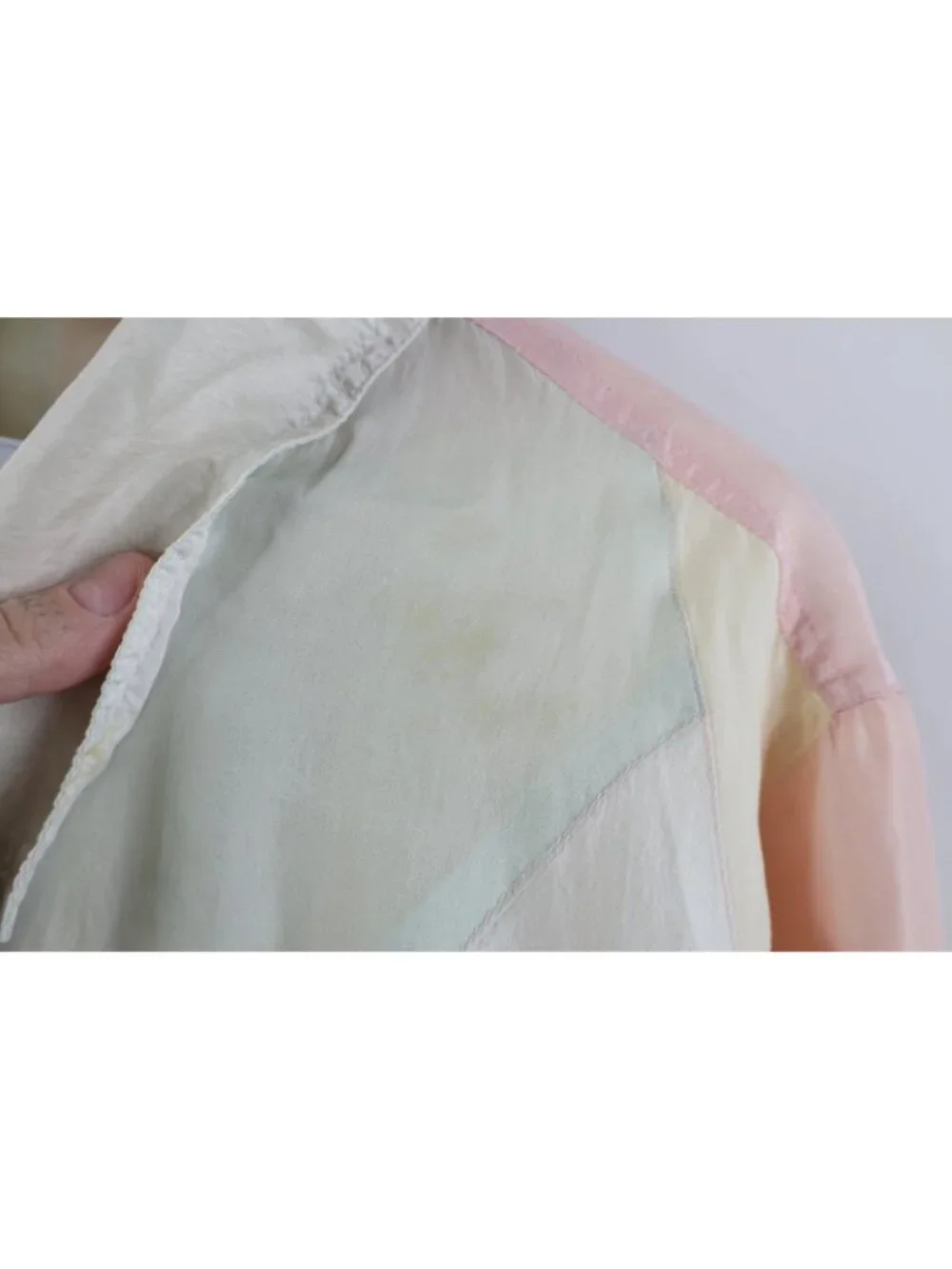 Vintage 90s Streetwear Womens Medium Distressed Pastel Silk Zip Bomber Jacket